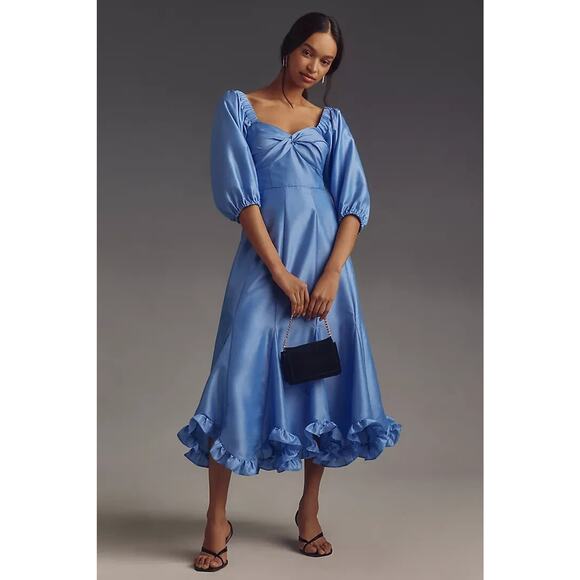 NWT Anthropologie HUTCH Twist-Front Puff-Sleeve Ruffle-Hem Dress Sz S #NB459 - Picture 1 of 11